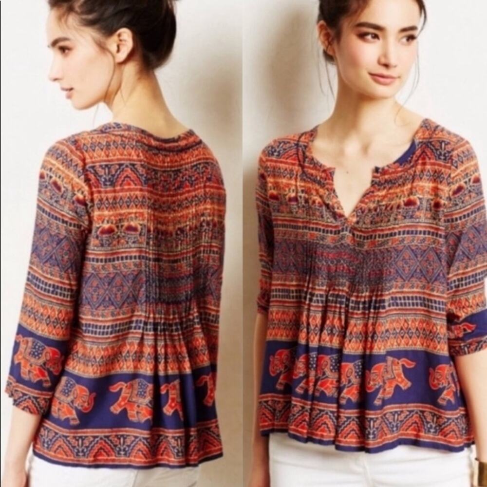 Anthropologie Vanessa Virginia Elephant Tribal Pintuck Pleats Blouse